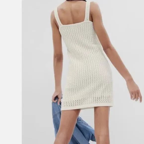Gap Sleeveless Crochet Mini Dress Womens SP White Square Neck Cotton Minimalist - Picture 2 of 12